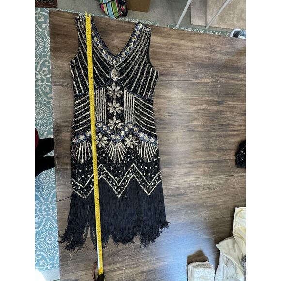 Black Dress with Gold sequins M With Bottom Fringe,Sexy,Heavy Embellishments - Picture 4 of 13